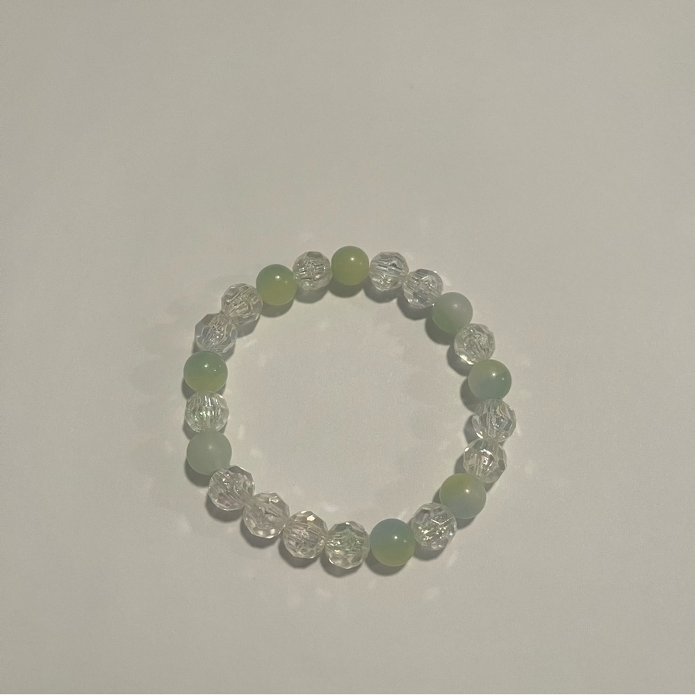 Iridescent Glass Beaded Stretch Bracelet Handmade Green Clear